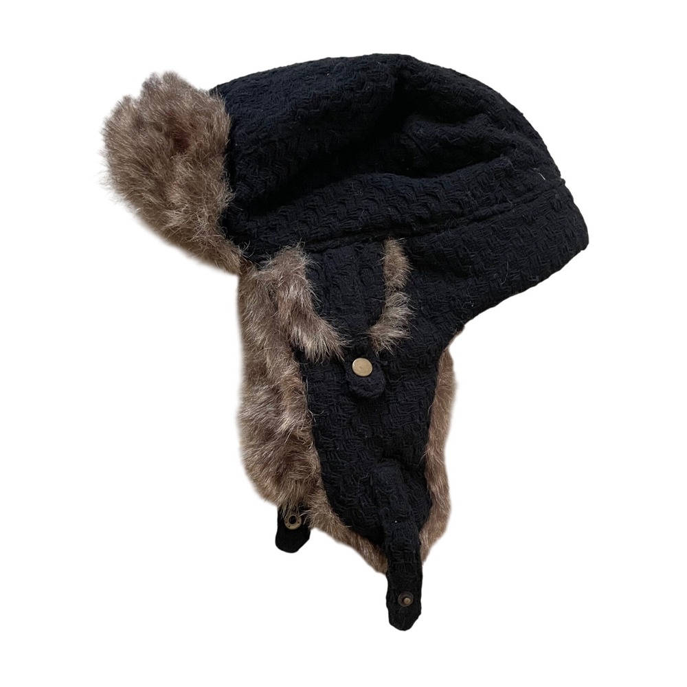 Capelli New York Black Knit Trapper Hat Faux Fur Trim Ear Flaps OSFM Aviator Cap